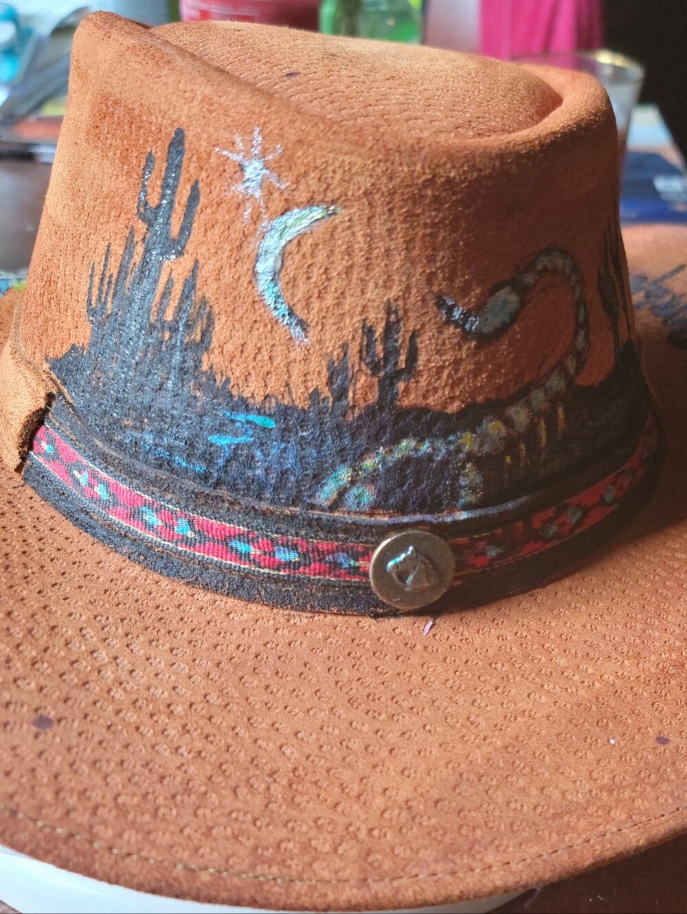Hand-Painted Brown Suede Western Hat with Desert Motif